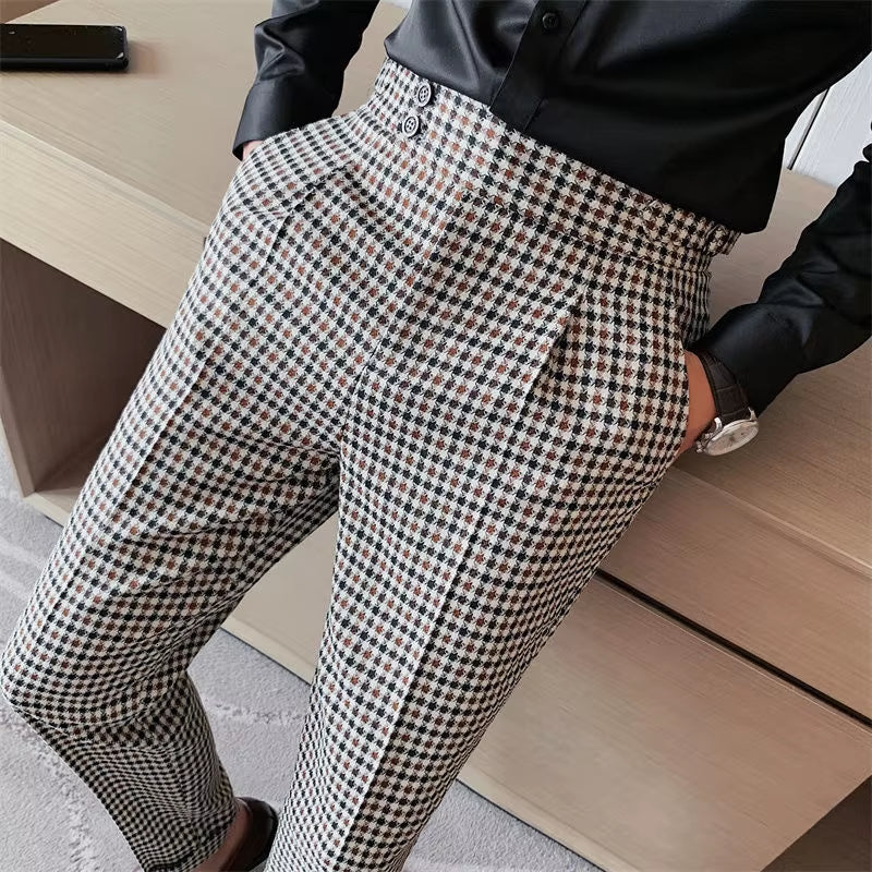 British Casual Men Dress Pant Thousand Bird Grid High Waist Straight Pants Fashion Men Trousers Formal Track Pants Mens Clothing