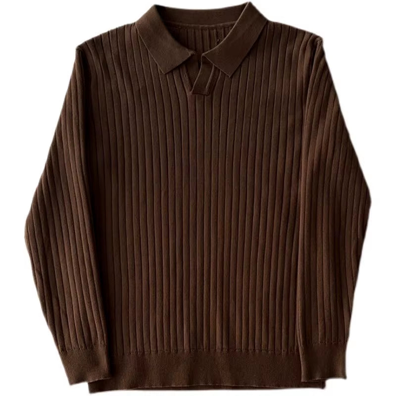 2024 Spring Mens Clothing Retro Knit Lapel Striped Polo Shirt Solid Color Long Sleeve Fashion Light Luxury Popular Knitwear 3Xl