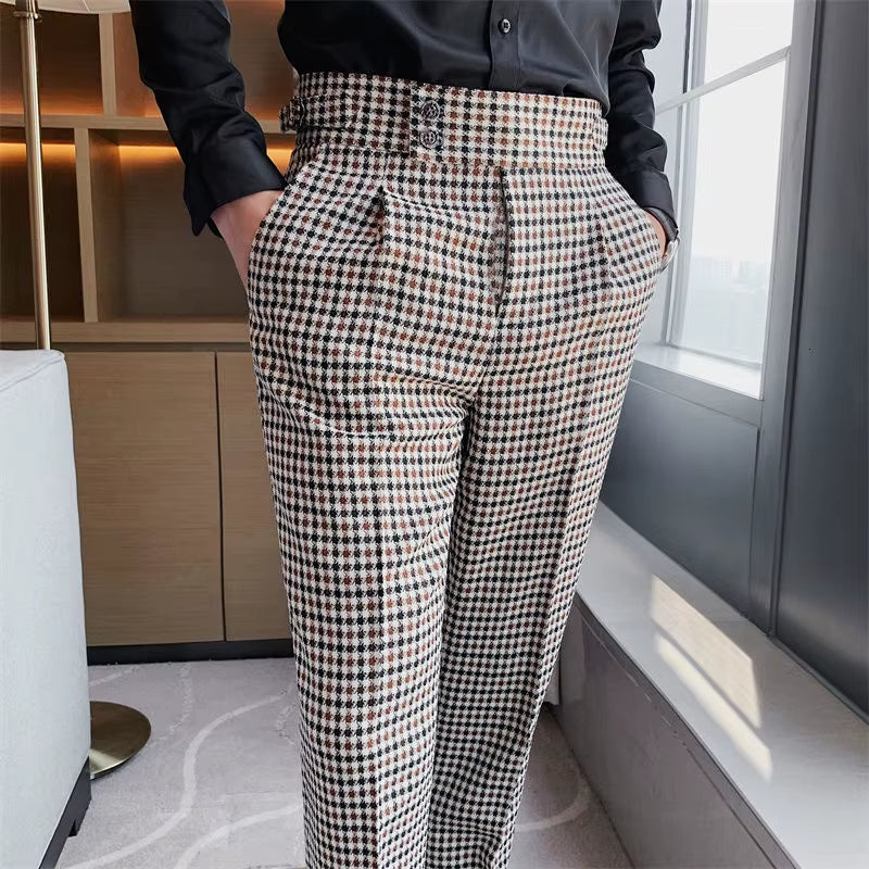 British Casual Men Dress Pant Thousand Bird Grid High Waist Straight Pants Fashion Men Trousers Formal Track Pants Mens Clothing