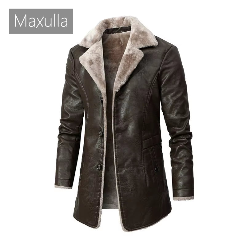 Winter Men'S PU Jackets Casual Fleece Warm Motorcycle Leather Jacket Male Mid-Long Slim Fit Leather Coats Mens Clothing