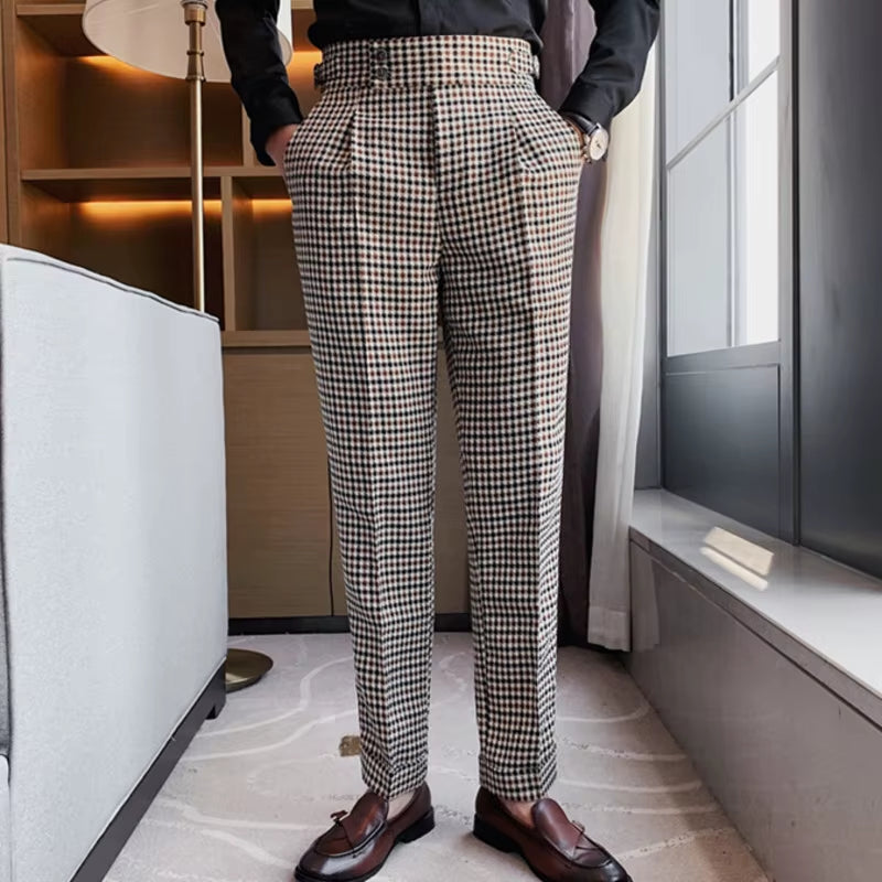 British Casual Men Dress Pant Thousand Bird Grid High Waist Straight Pants Fashion Men Trousers Formal Track Pants Mens Clothing