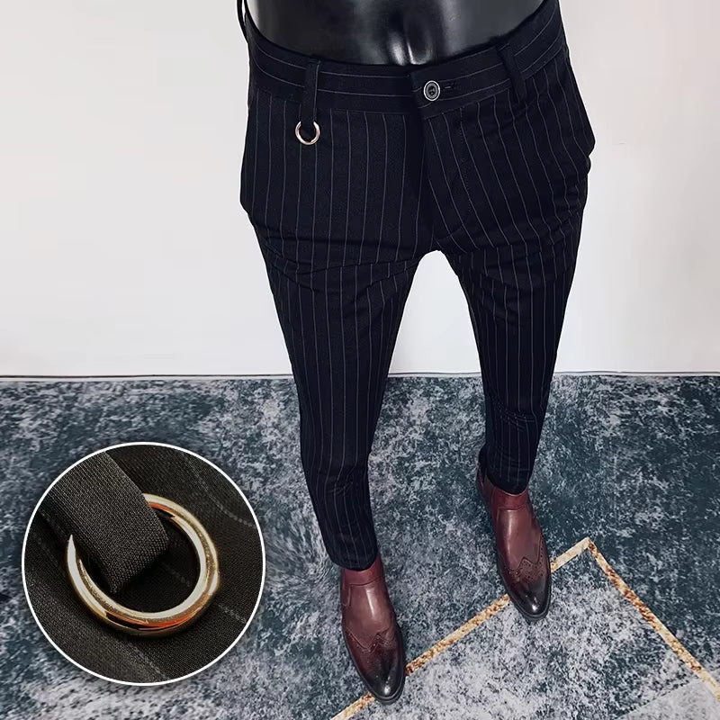 Mens Striped Suit Pants Ankle Trousers New Formal Pants High Quality Business Fashion Casual Mens Clothing Black Dress Pants