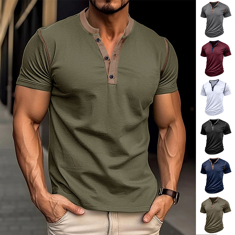 Fashion Short-Sleeved Polo Shirt Summer Button V-Neck T-Shirt Tops Mens Clothing