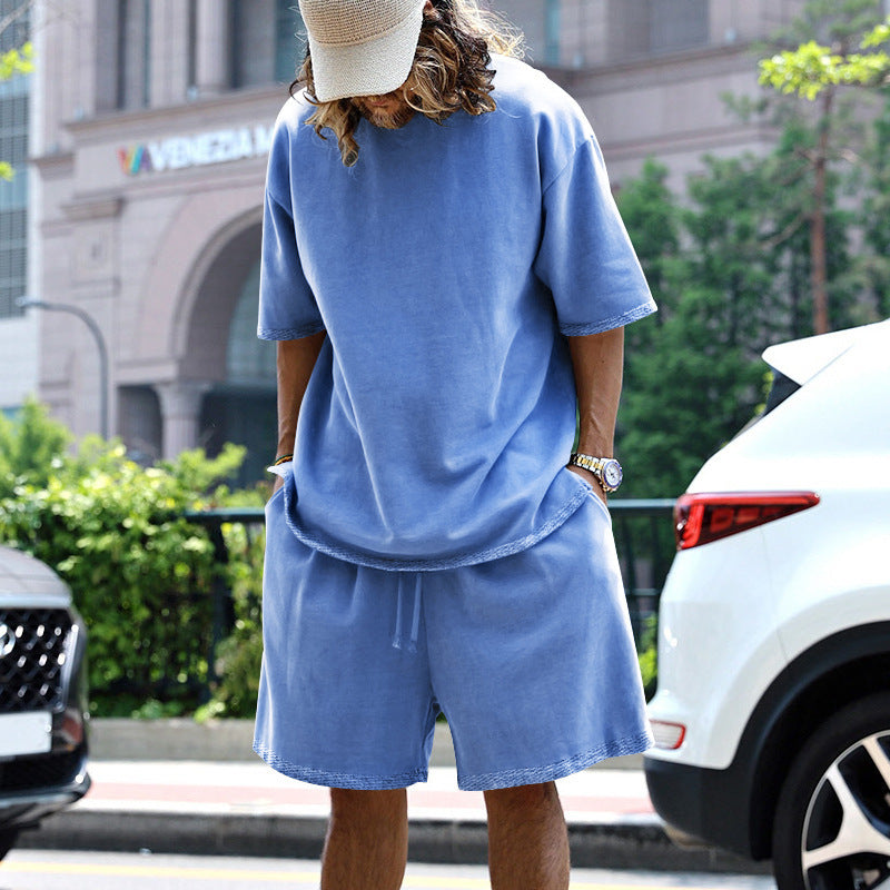 2Pcs Loose Sports Suits Summer round Neck Short-Sleeved T-Shirt and Drawstring Pockets Shorts Casual Solid Color Set Mens Clothing