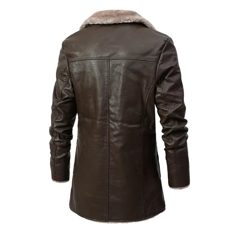 Winter Men'S PU Jackets Casual Fleece Warm Motorcycle Leather Jacket Male Mid-Long Slim Fit Leather Coats Mens Clothing