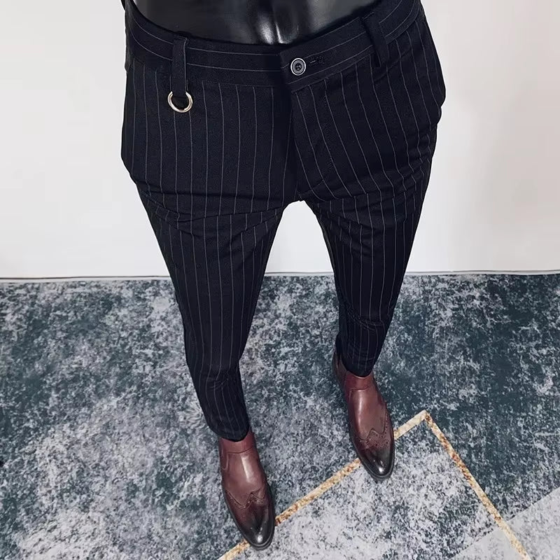 Mens Striped Suit Pants Ankle Trousers New Formal Pants High Quality Business Fashion Casual Mens Clothing Black Dress Pants