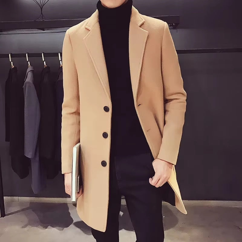 Mens Long Cotton Coat Spring Autumn New Wool Blend Pure Color Slim Casual Business Fashion Mens Clothing Slim Windbreaker Jacket