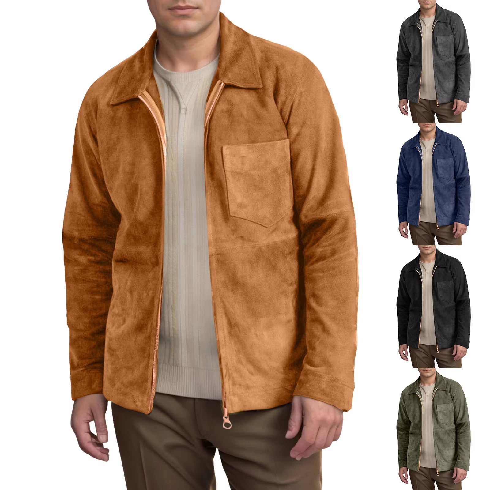 Men'S Suede Jacket Full Zip Casual Vintage Jackets Lightweight Classic Trucker Coat Mens Clothing