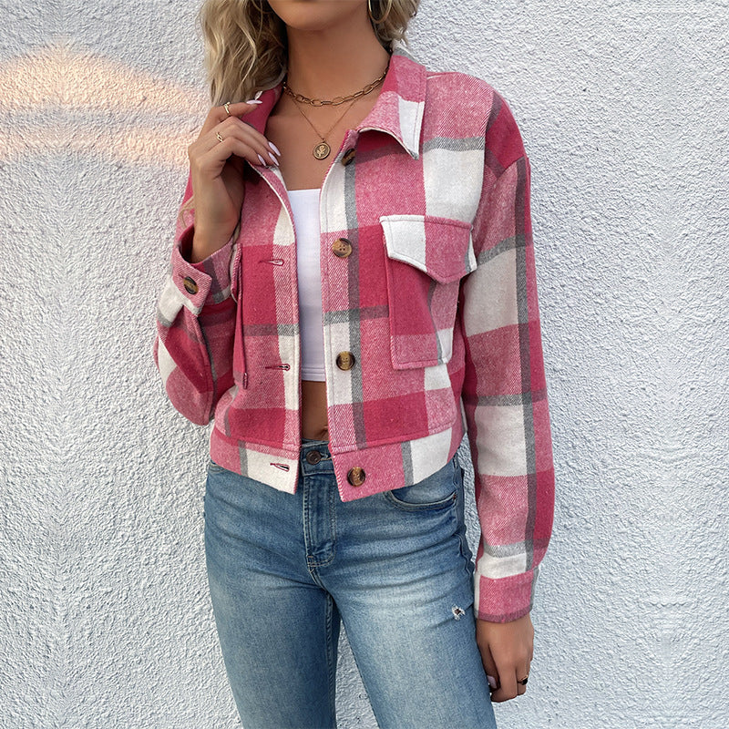 Chic Plaid Cropped Jacket with Pockets - Stylish Long Sleeve Outwear for Women