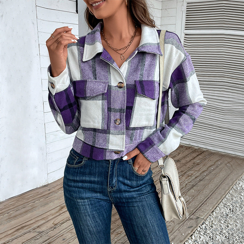 Chic Plaid Cropped Jacket with Pockets - Stylish Long Sleeve Outwear for Women